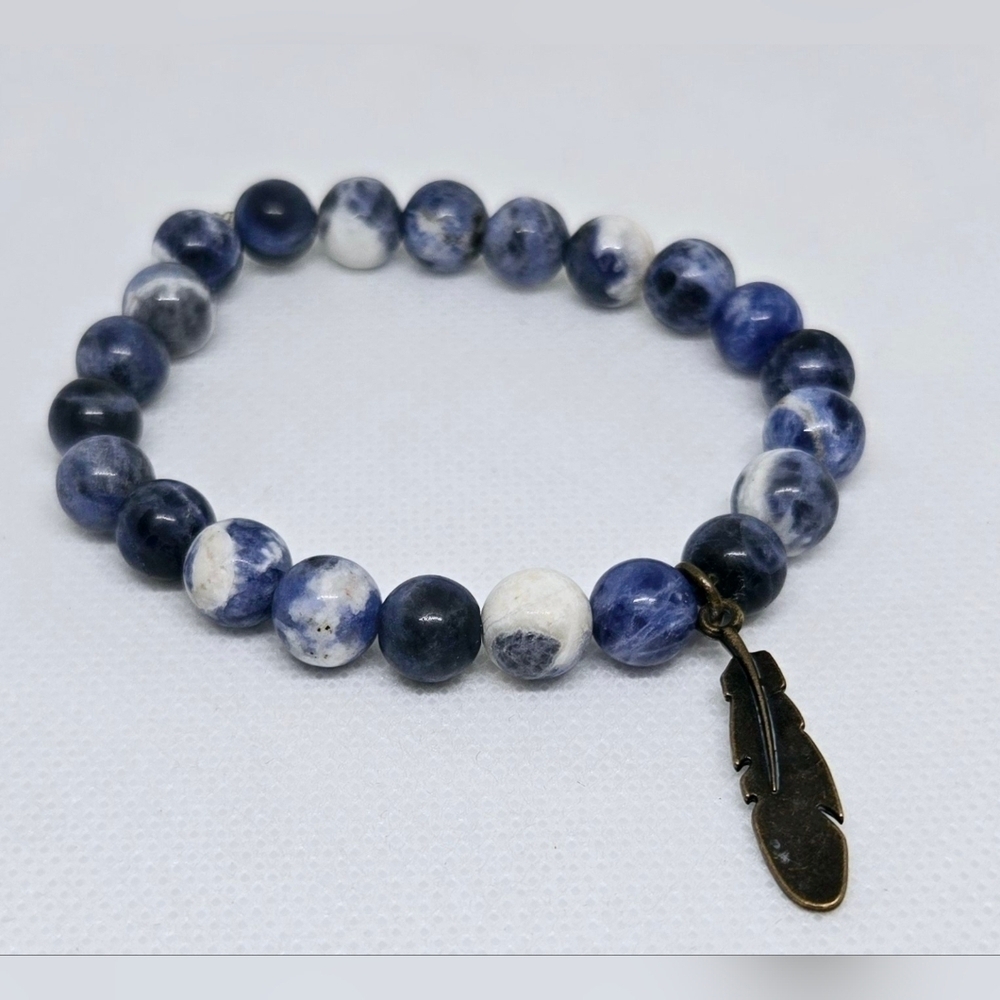 Genuine Sodalite Bead Stretch Bracelet w/ Antique Bronze Feather Charm